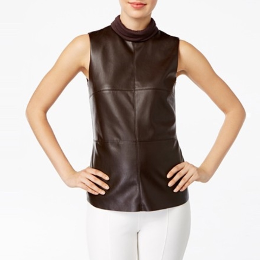 ALFANI Petite Sleeveless Faux Leather front Turtleneck Top Size P/S NWT